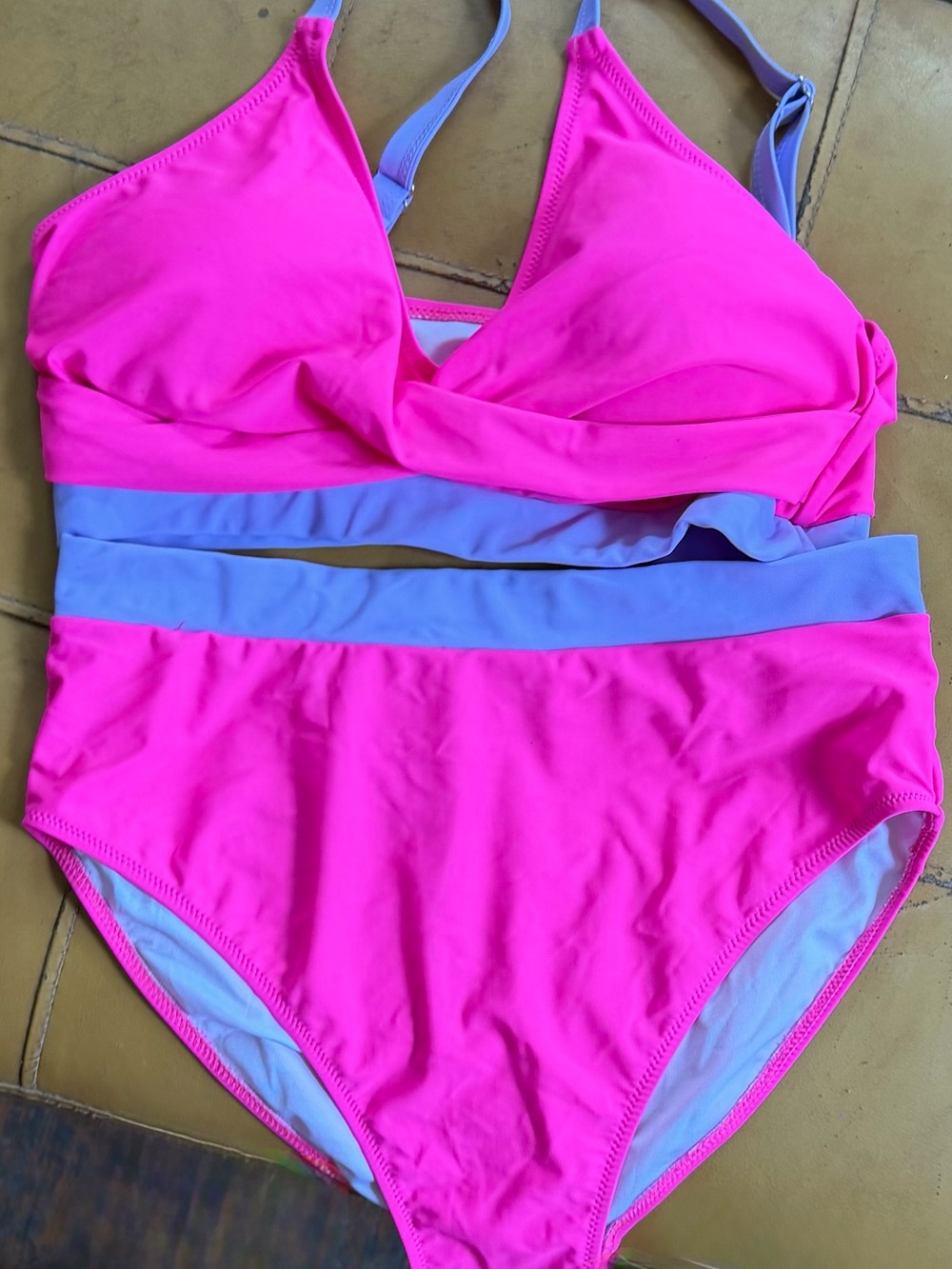 Women’s Bright Pink Two-Piece Swimsuit with Lavender Band
